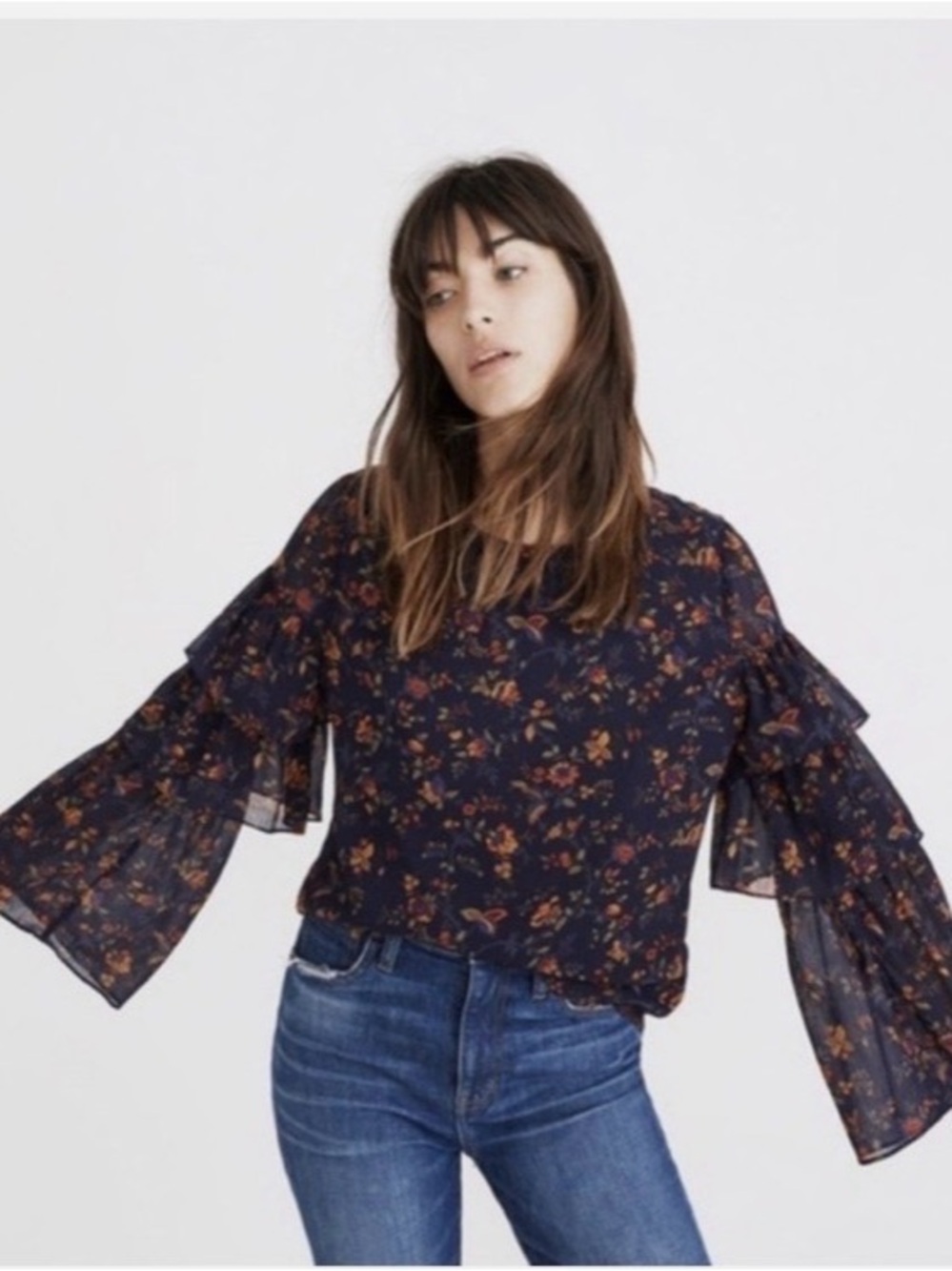 MADEWELL • ruffle tiered sleeve floral blouse in midnight blue
